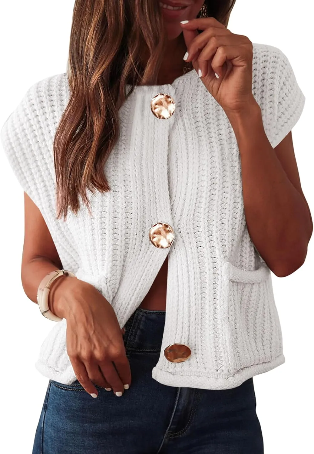 ANRABESS Women Chunky Knit Sweater Vest Button Down Casual Sleeveless Cardigan with Pockets Spring Trendy Outfits 2025