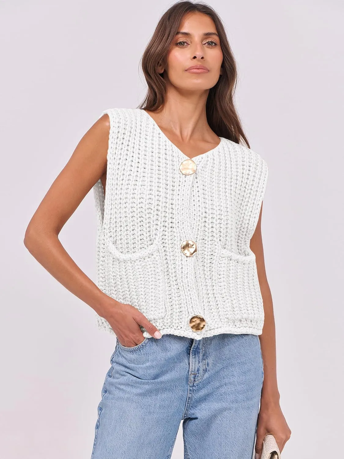 ANRABESS Women Chunky Knit Sweater Vest Button Down Casual Sleeveless Cardigan with Pockets Spring Trendy Outfits 2025
