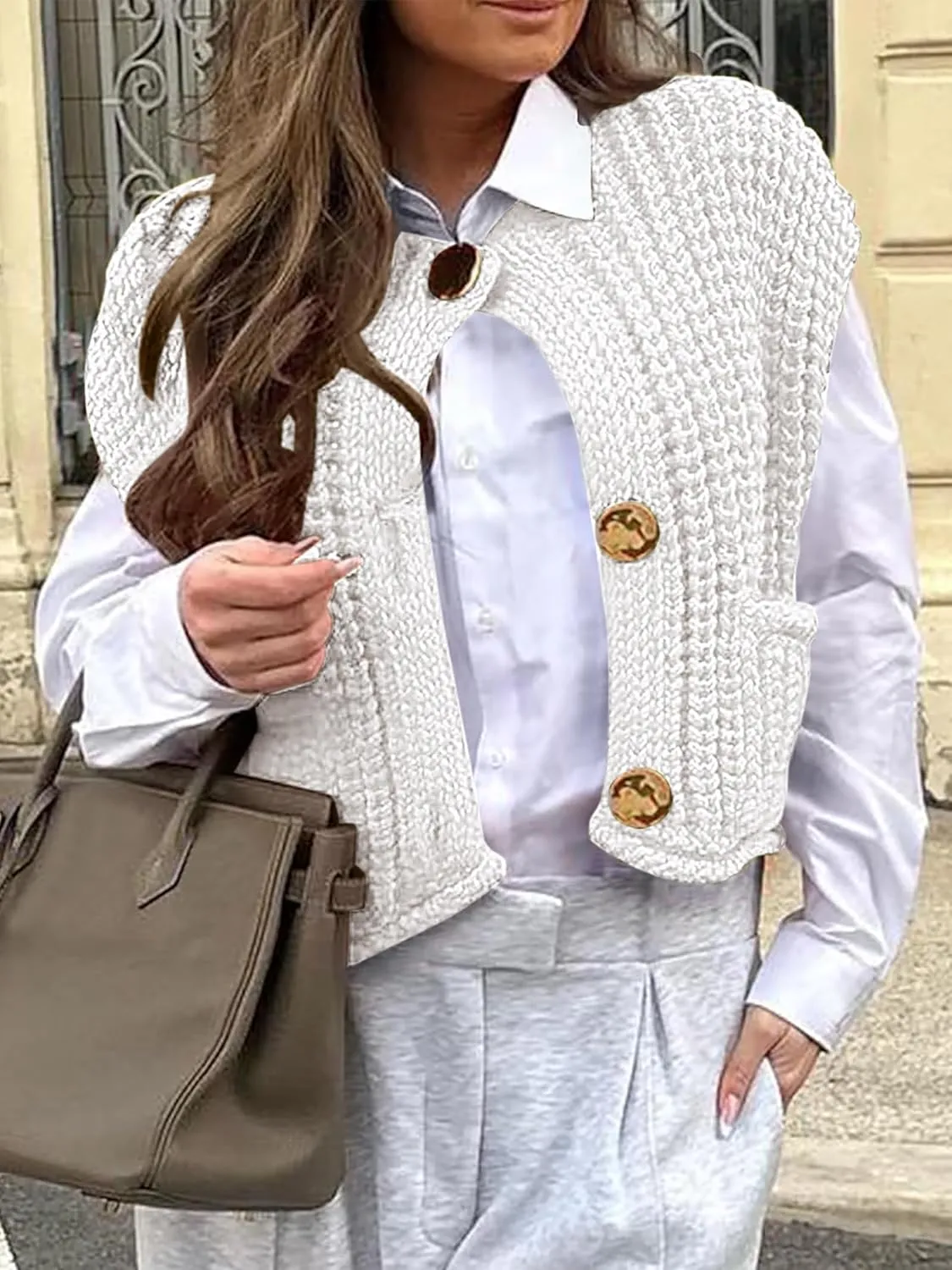 ANRABESS Women Chunky Knit Sweater Vest Button Down Casual Sleeveless Cardigan with Pockets Spring Trendy Outfits 2025