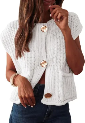 ANRABESS Women Chunky Knit Sweater Vest Button Down Casual Sleeveless Cardigan with Pockets Spring Trendy Outfits 2025