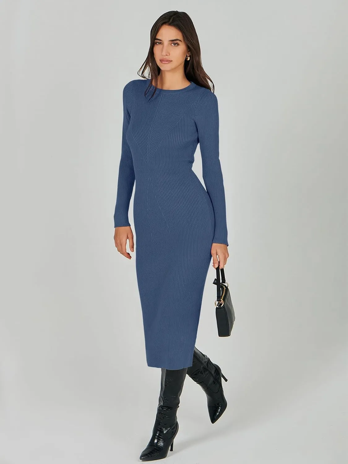 ANRABESS Women Long Sleeve Crewneck Sweater Dress Ribbed Knit Stretch Slim Fit Bodycon Midi Dresses Fall Fashion Outfits