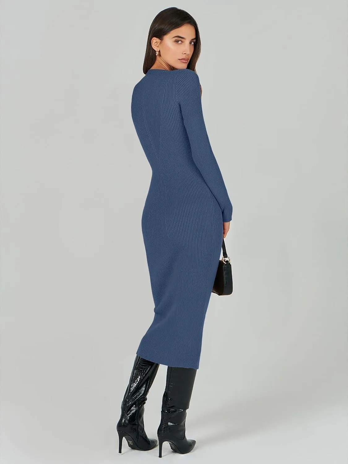 ANRABESS Women Long Sleeve Crewneck Sweater Dress Ribbed Knit Stretch Slim Fit Bodycon Midi Dresses Fall Fashion Outfits