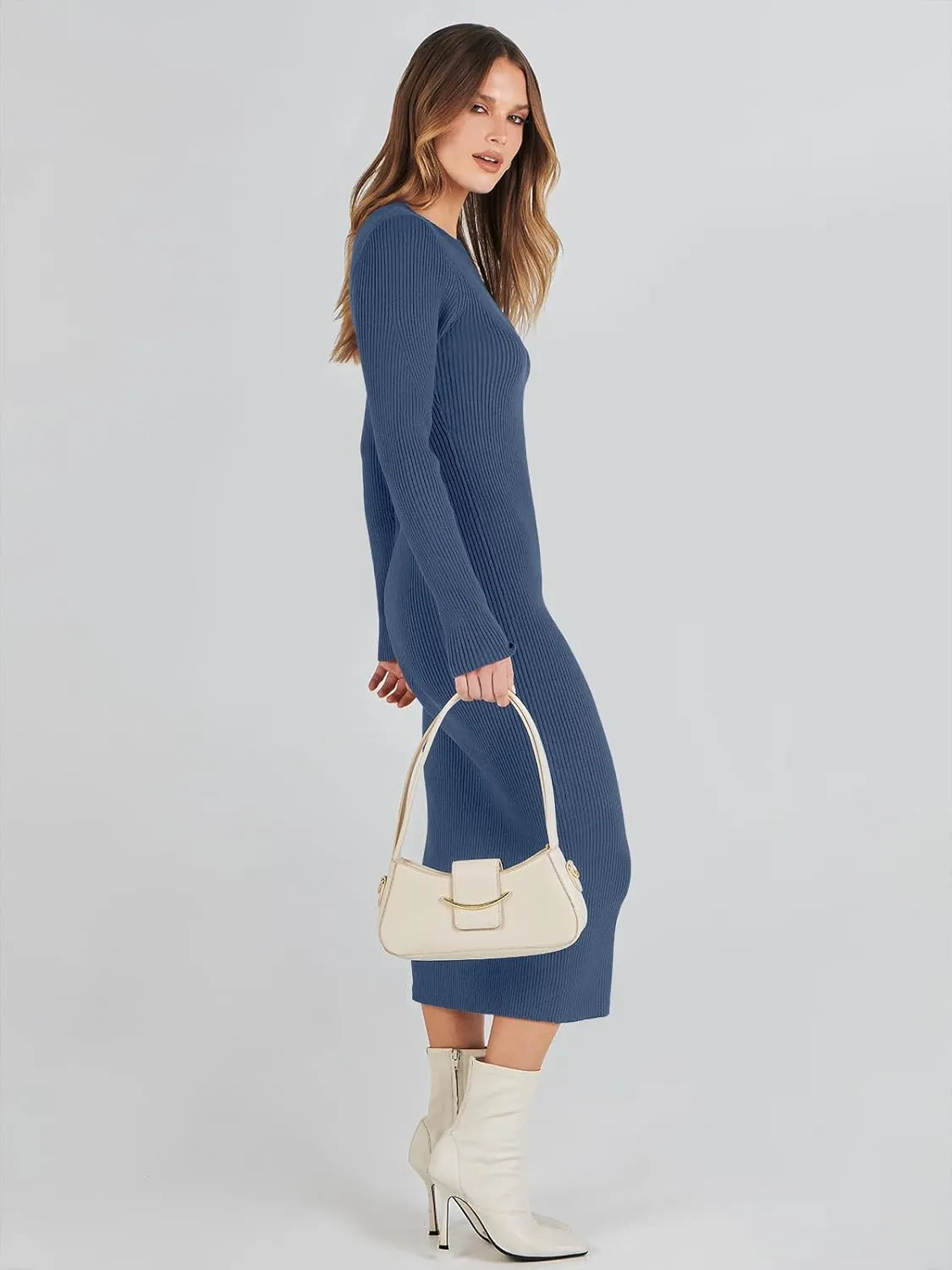 ANRABESS Women Long Sleeve Crewneck Sweater Dress Ribbed Knit Stretch Slim Fit Bodycon Midi Dresses Fall Fashion Outfits