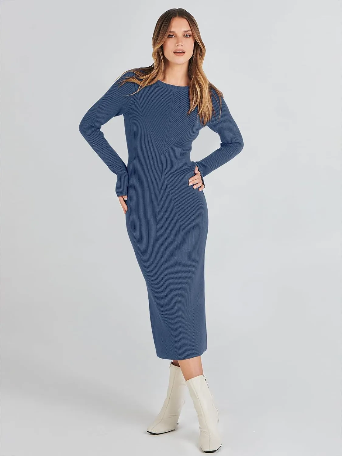 ANRABESS Women Long Sleeve Crewneck Sweater Dress Ribbed Knit Stretch Slim Fit Bodycon Midi Dresses Fall Fashion Outfits