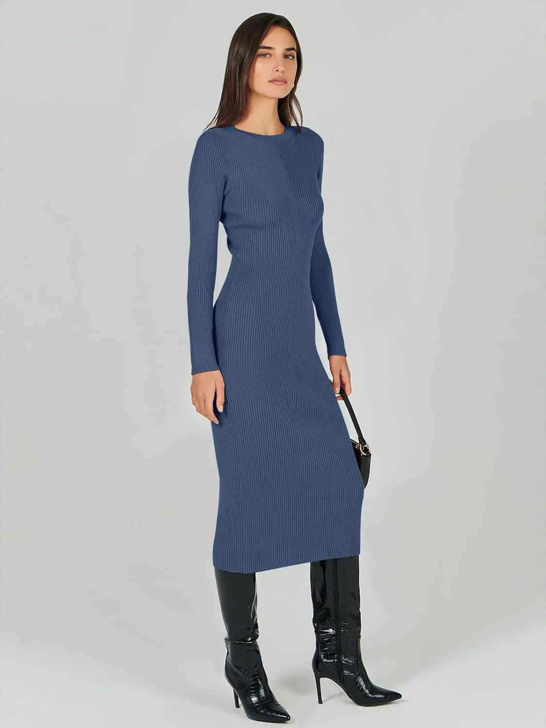 ANRABESS Women Long Sleeve Crewneck Sweater Dress Ribbed Knit Stretch Slim Fit Bodycon Midi Dresses Fall Fashion Outfits