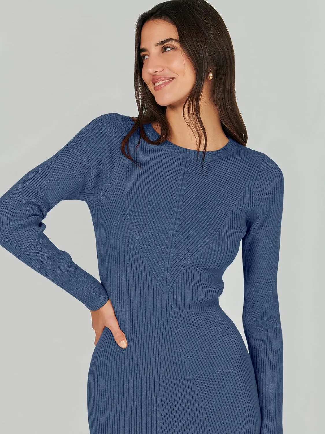 ANRABESS Women Long Sleeve Crewneck Sweater Dress Ribbed Knit Stretch Slim Fit Bodycon Midi Dresses Fall Fashion Outfits