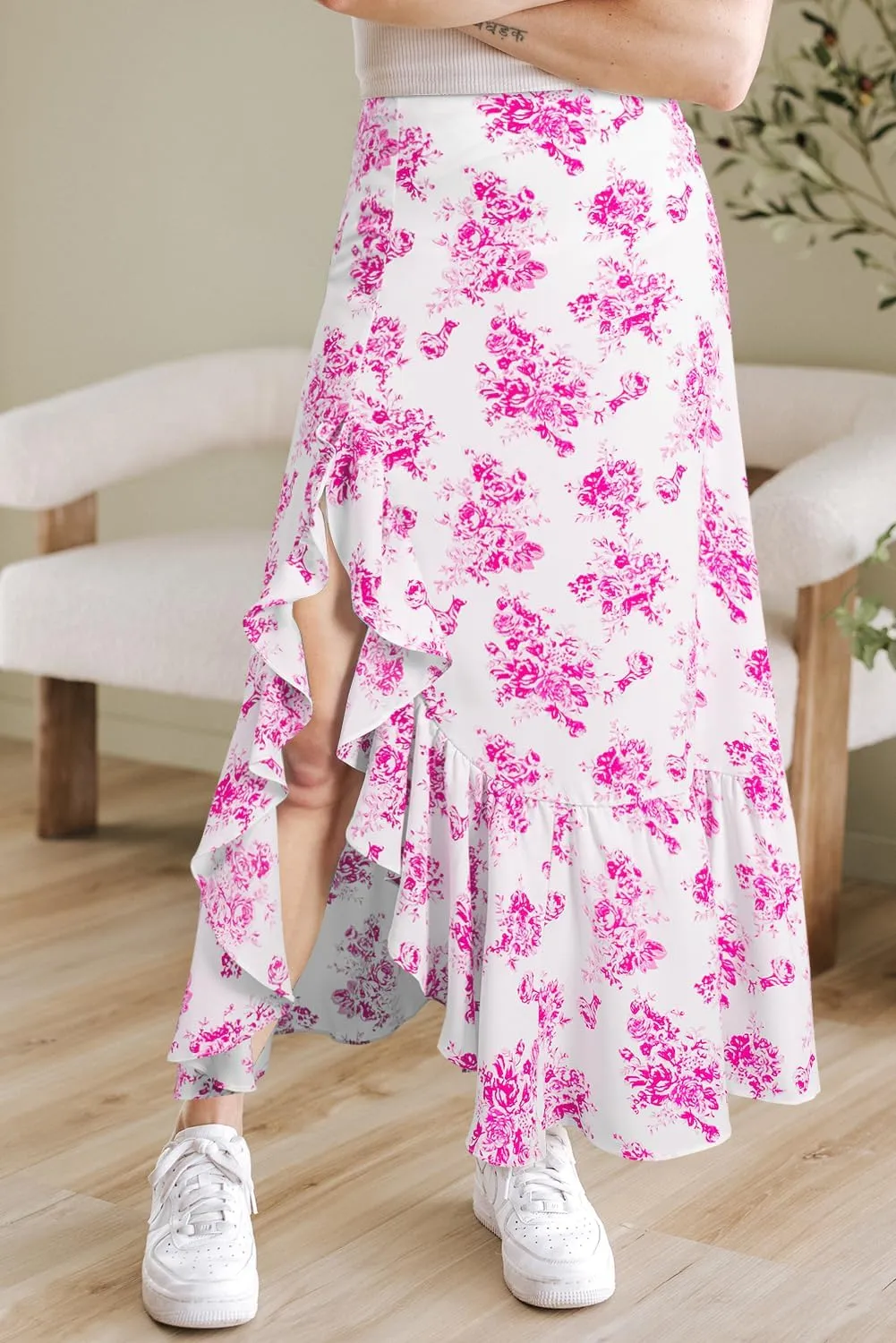Apvirdy Women's Boho Floral High Waist Ruffle Split Maxi Skirts Printed Slim Fit Summer Flowy Long Skirt