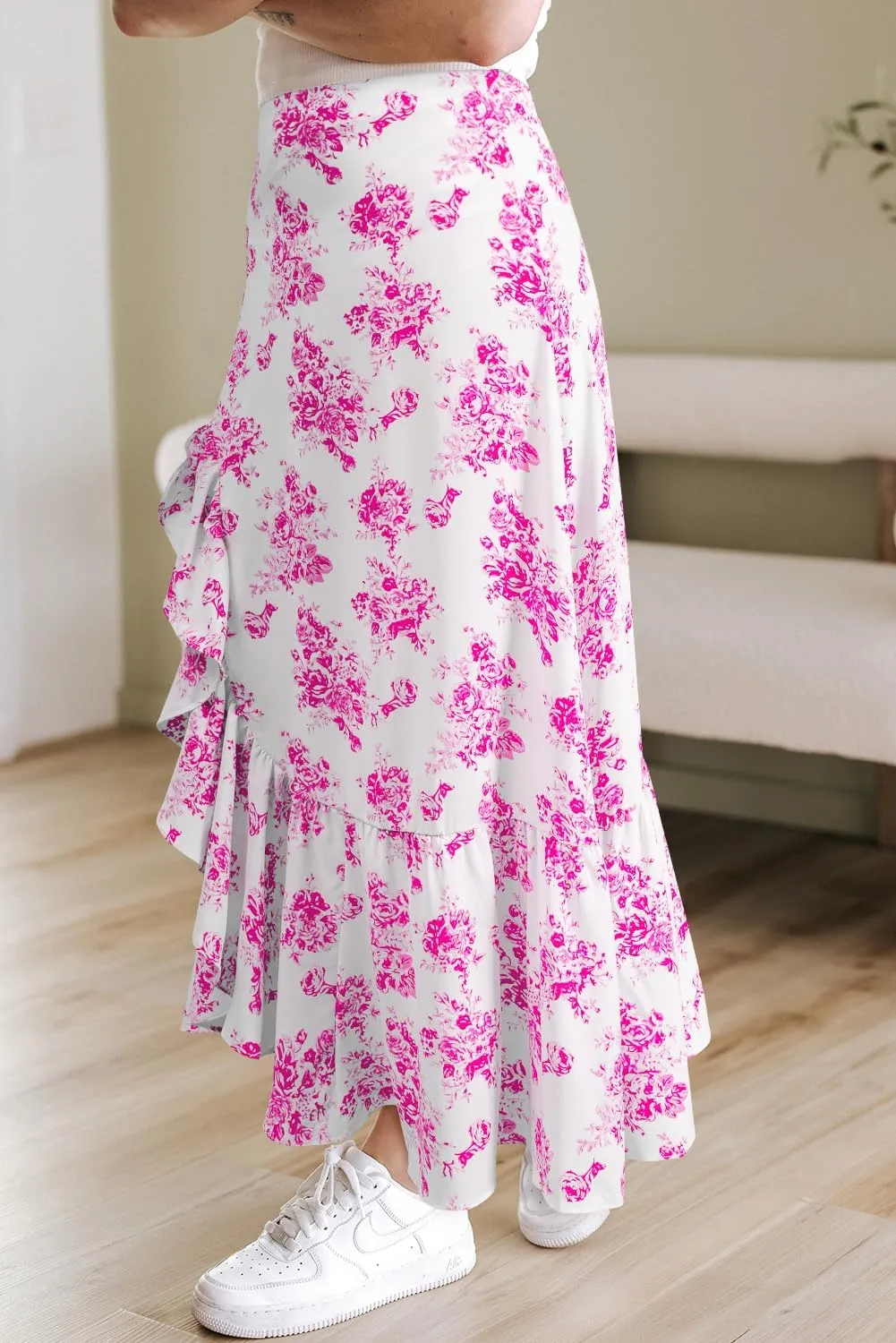Apvirdy Women's Boho Floral High Waist Ruffle Split Maxi Skirts Printed Slim Fit Summer Flowy Long Skirt