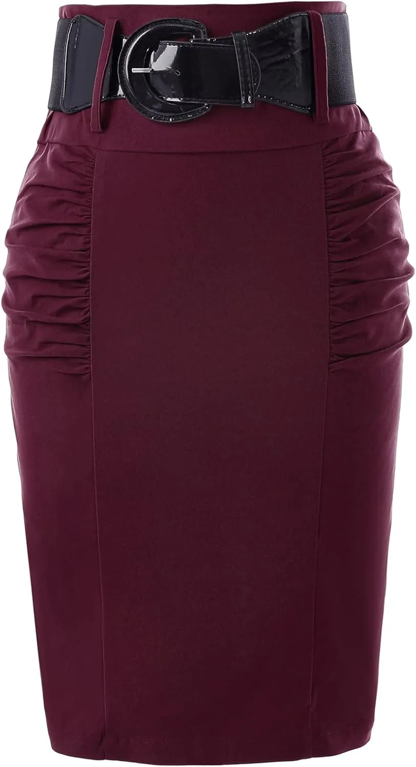 Belle Poque Women Pencil Skirt High Waisted Midi Pencil Skirt with Belt