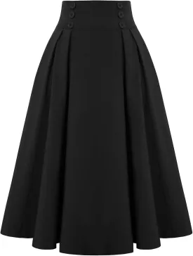 Belle Poque Women's Vintage High Waist Pleated Midi A-Line Skirt with Pockets