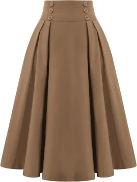 Belle Poque Women's Vintage High Waist Pleated Midi A-Line Skirt with Pockets
