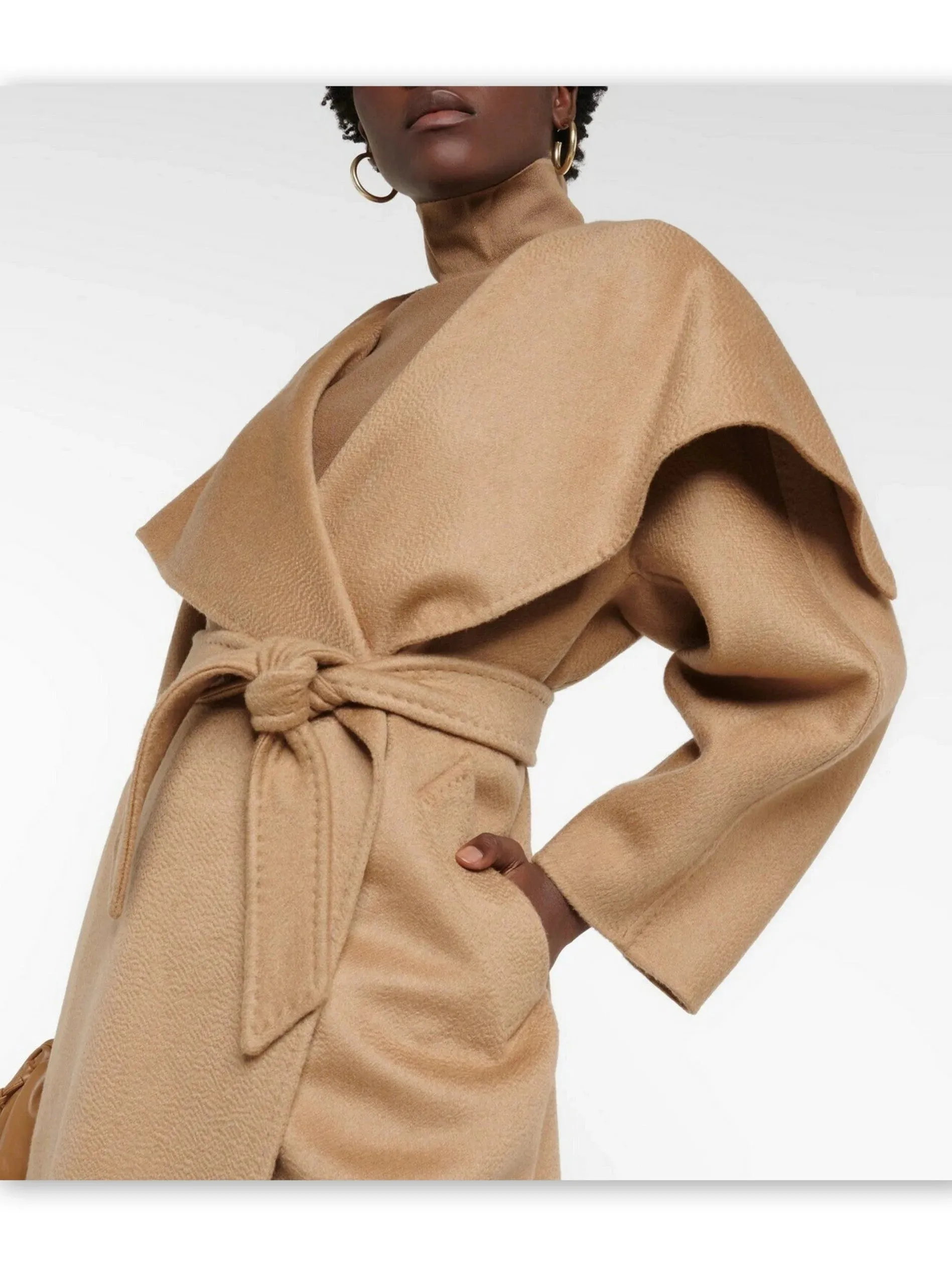 Belted Cashmere and Wool Wrap Coat in Camel