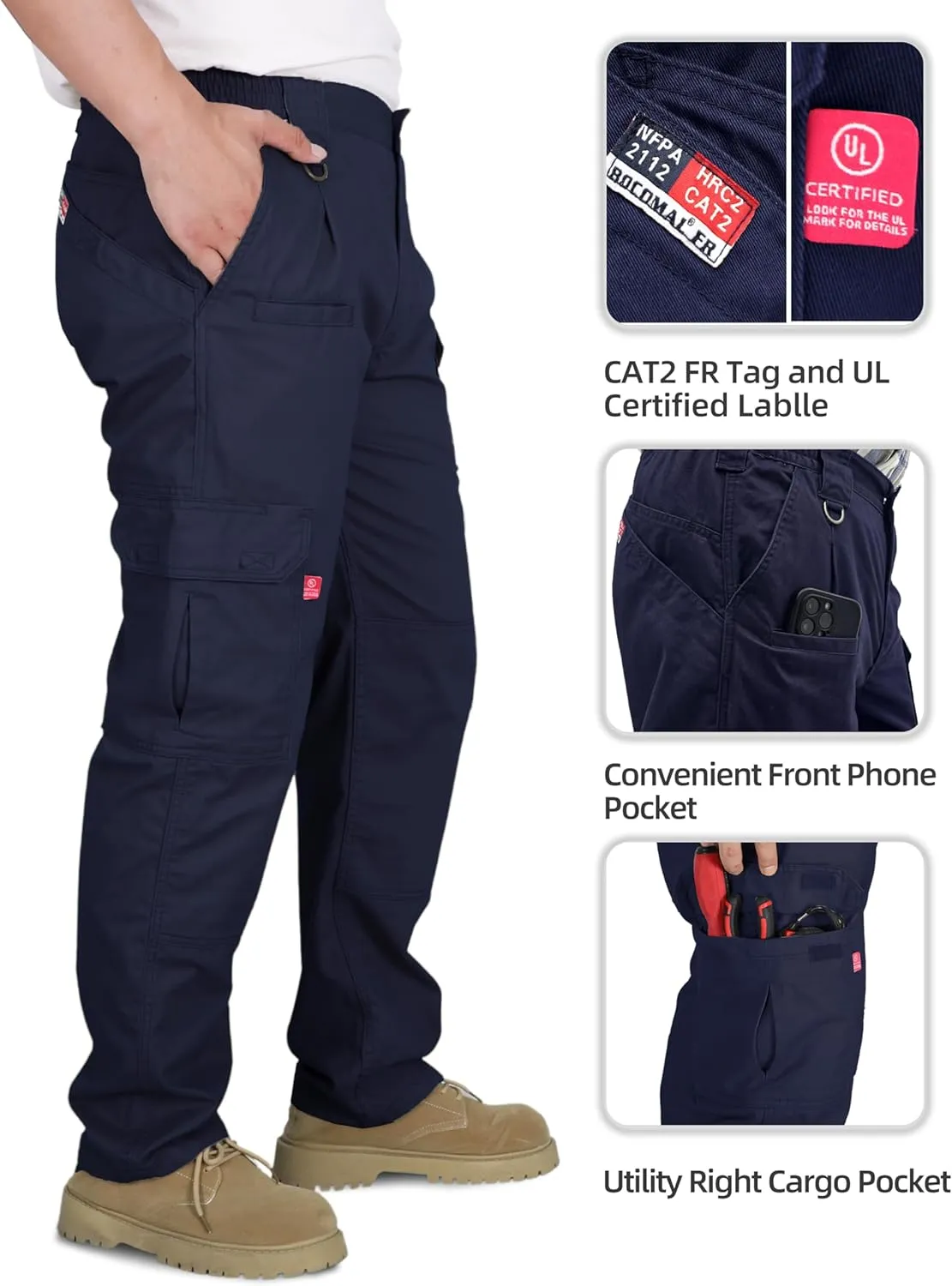 BOCOMAL FR Pants for Men Double Front Flame Resistant Cargo 10 Multi-Pockets Elastic Waist Work Pants