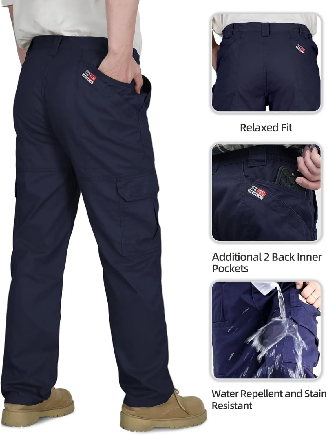 BOCOMAL FR Pants for Men Double Front Flame Resistant Cargo 10 Multi-Pockets Elastic Waist Work Pants