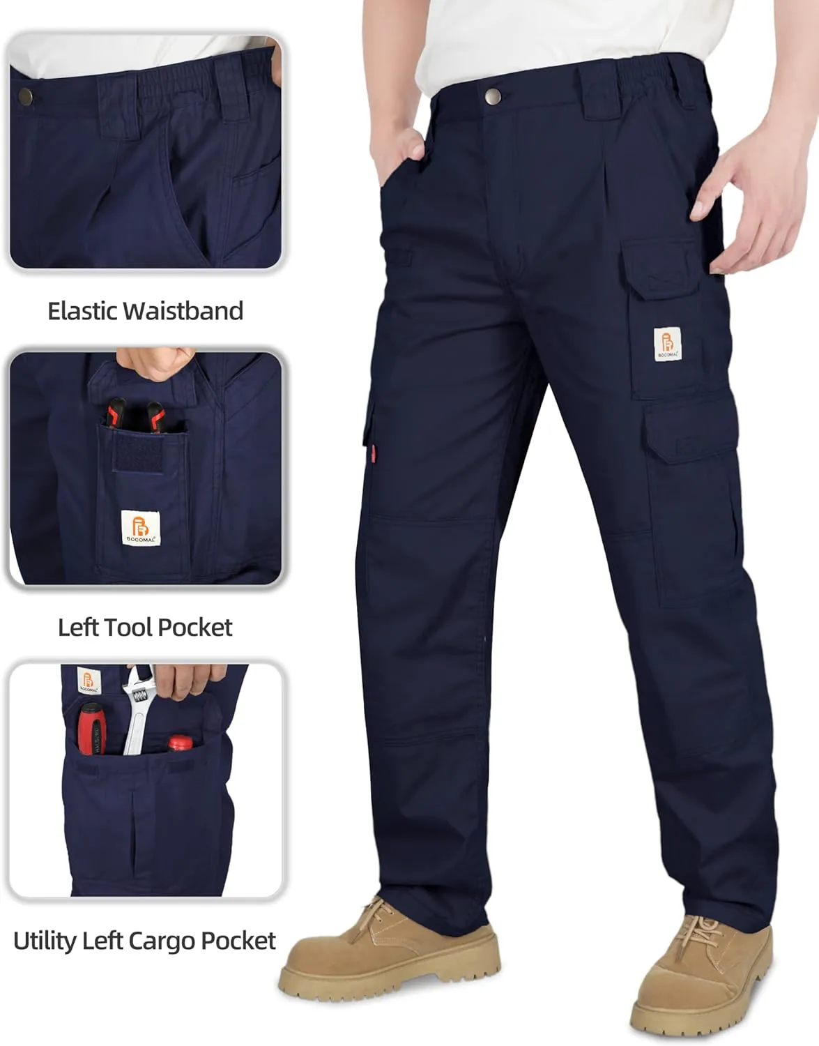 BOCOMAL FR Pants for Men Double Front Flame Resistant Cargo 10 Multi-Pockets Elastic Waist Work Pants