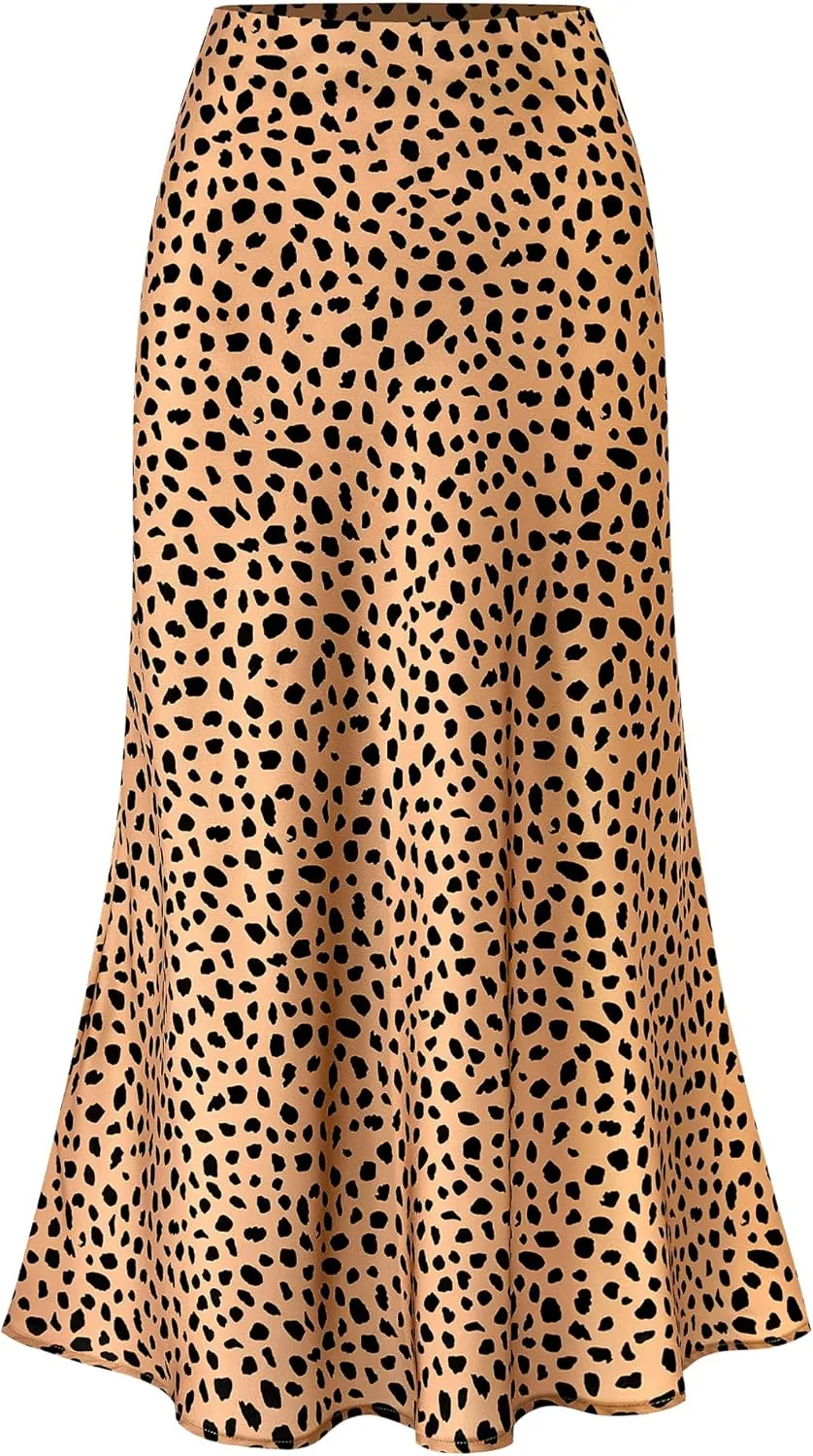 BTFBM Satin Skirts for Women Trendy Summer 2025 High Waisted A-Line Leopard Print Cocktail Wedding Long Silk Midi Skirt