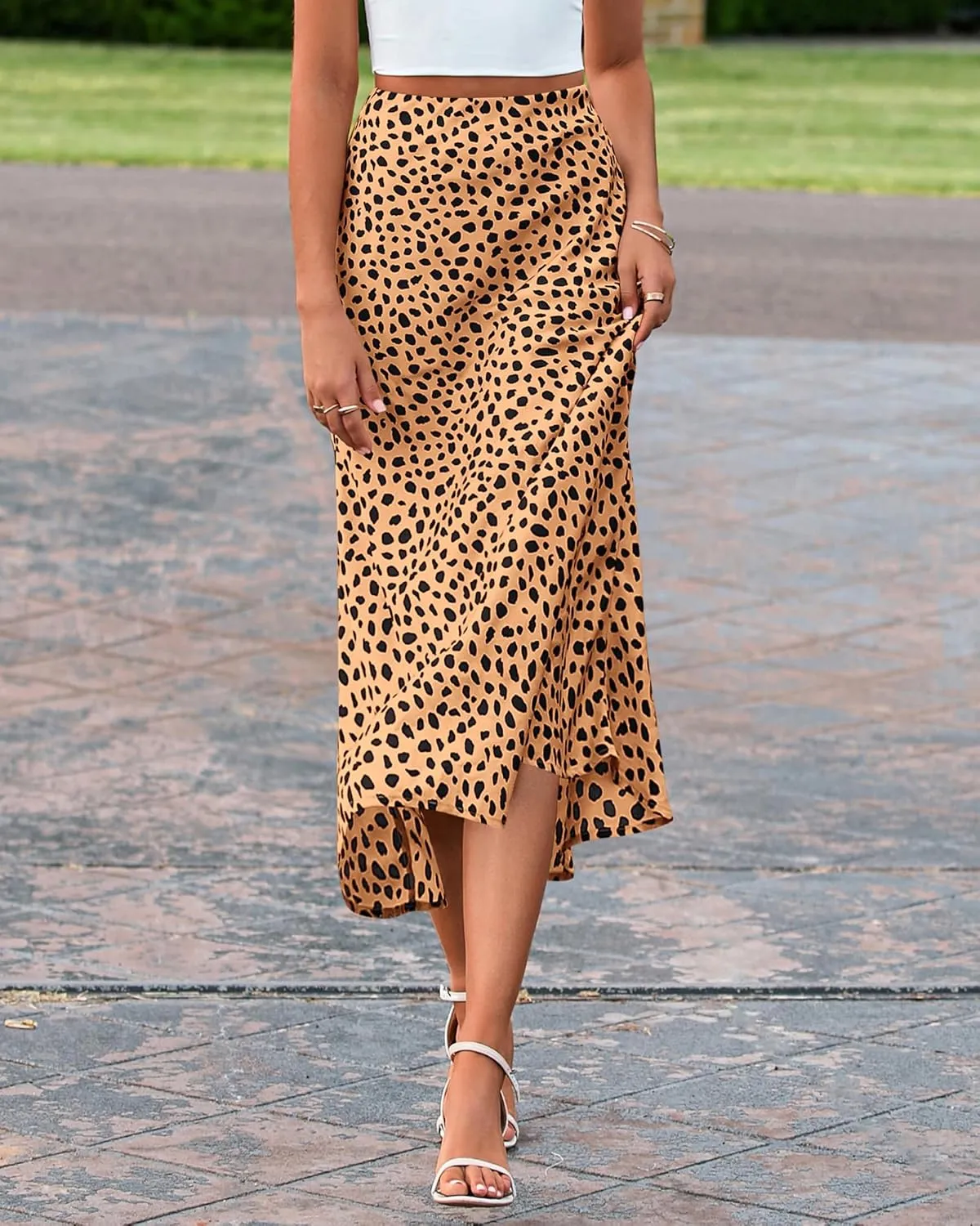 BTFBM Satin Skirts for Women Trendy Summer 2025 High Waisted A-Line Leopard Print Cocktail Wedding Long Silk Midi Skirt