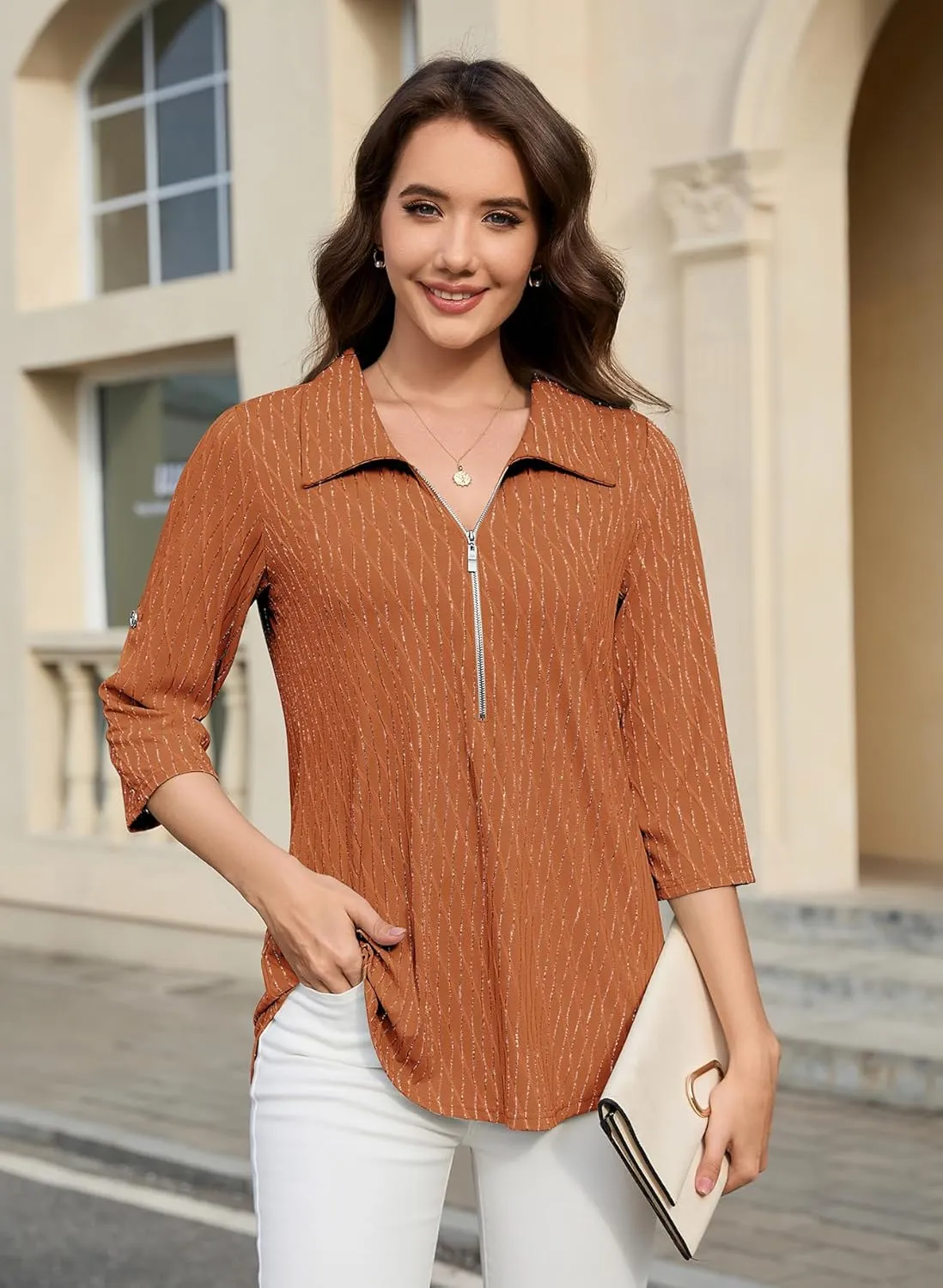 Bulotus Women's 3/4 Sleeve V-Neck Casual Plaid Tunic Shirt