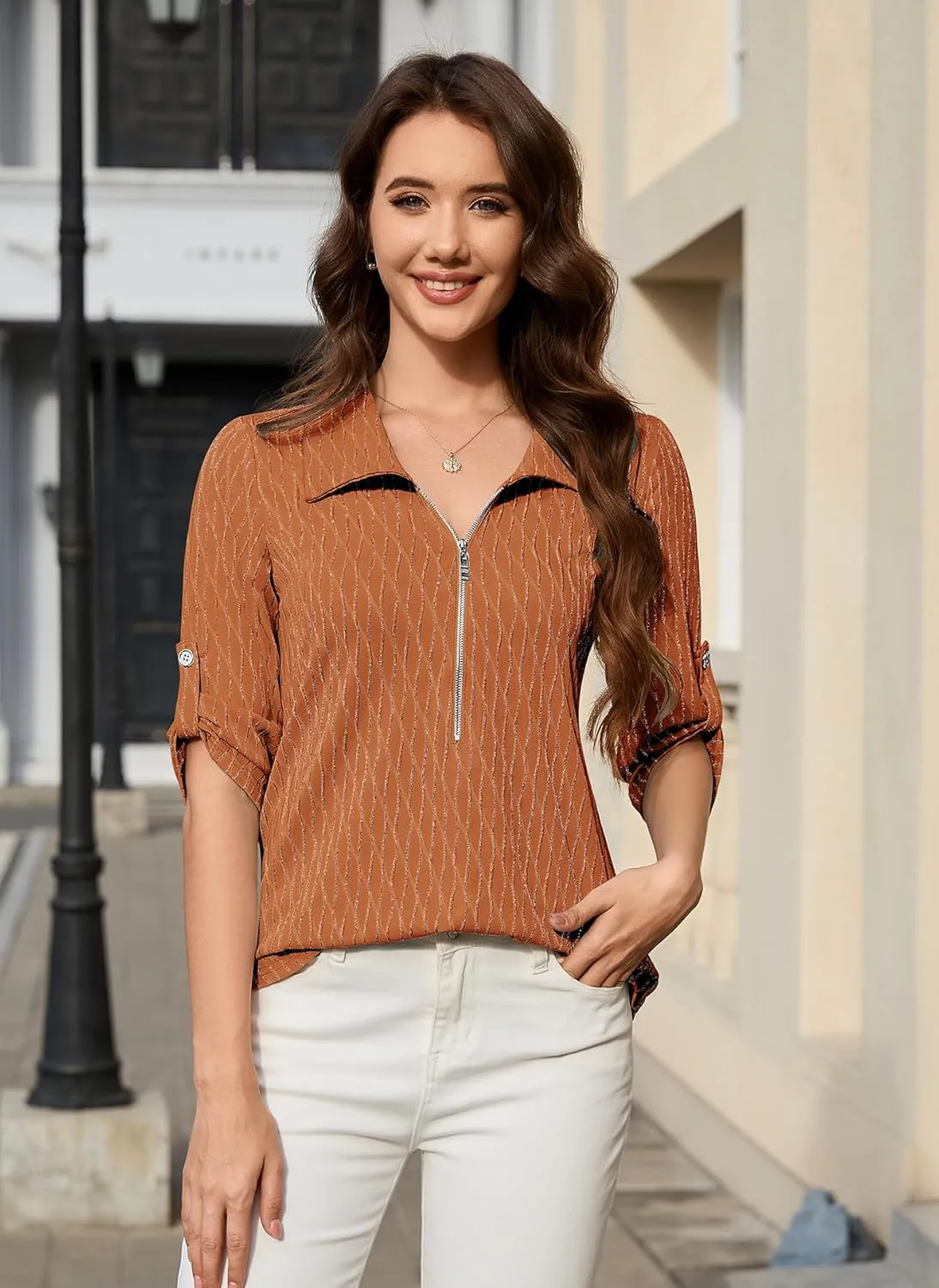 Bulotus Women's 3/4 Sleeve V-Neck Casual Plaid Tunic Shirt