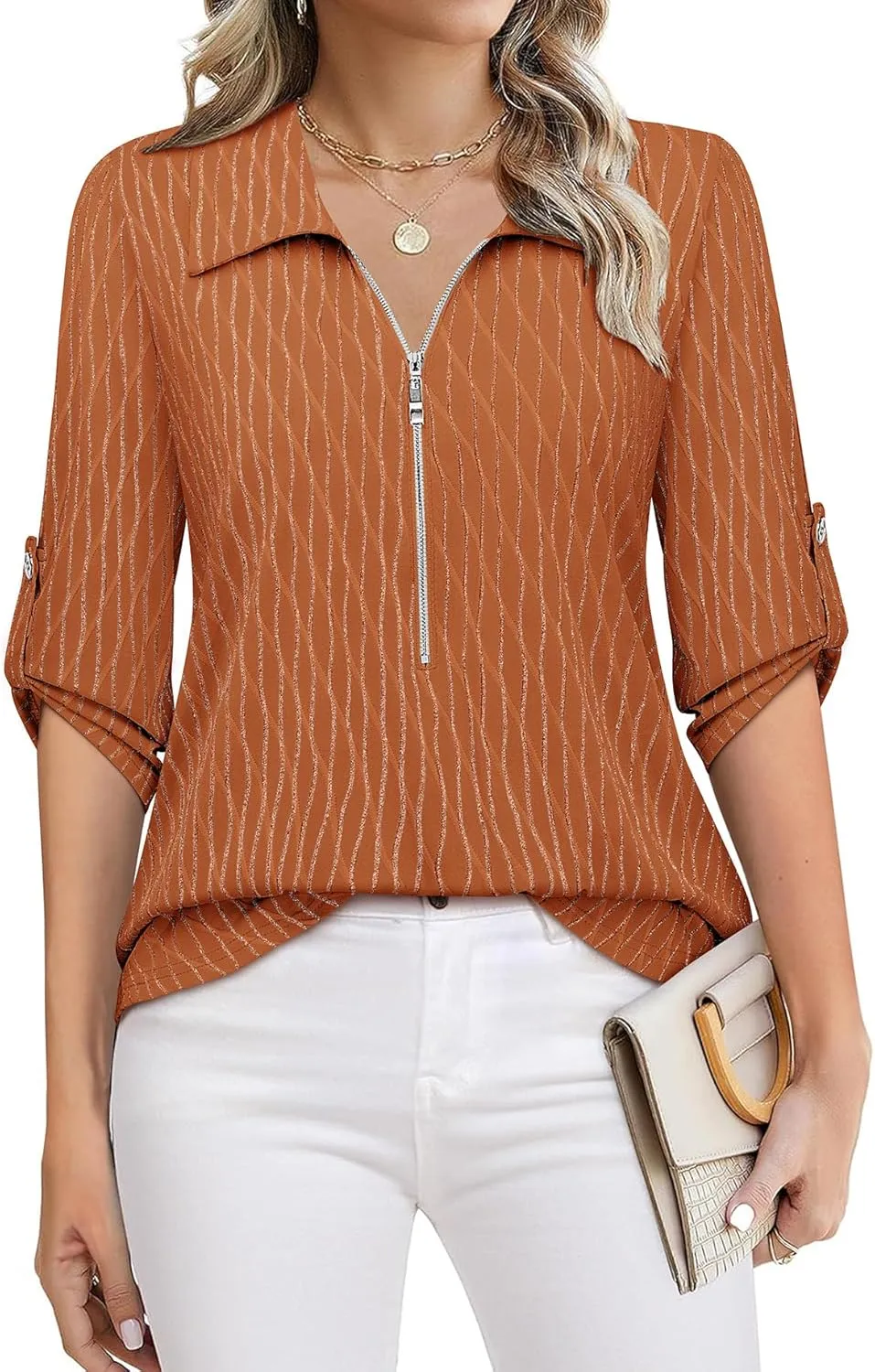 Bulotus Women's 3/4 Sleeve V-Neck Casual Plaid Tunic Shirt
