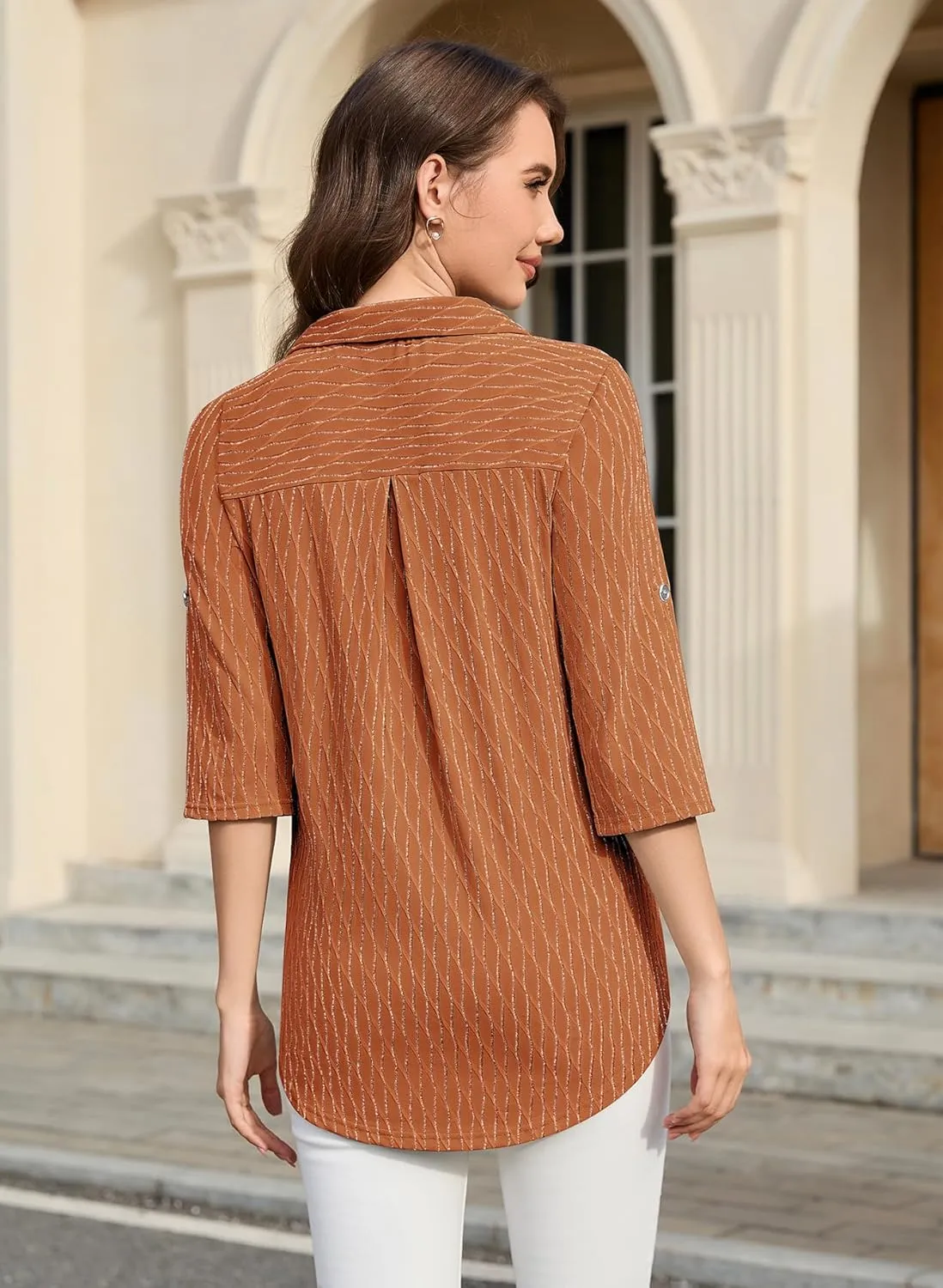Bulotus Women's 3/4 Sleeve V-Neck Casual Plaid Tunic Shirt