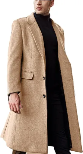 crazynekos Mens Trench Coat Wool Blend Top Pea Coat Winter Long Classic Stylish Business Overcoat Windbreaker Coat
