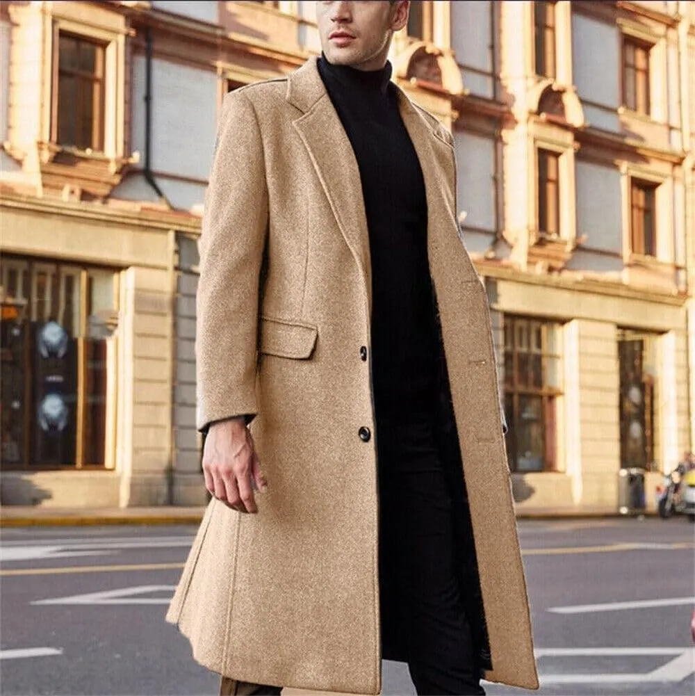 crazynekos Mens Trench Coat Wool Blend Top Pea Coat Winter Long Classic Stylish Business Overcoat Windbreaker Coat