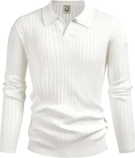 Hardaddy Men's Ribbed Knit Sweater Casual Long Sleeve Polo Sweater Collared V Neck Polo Shirts Solid Pullover Tops
