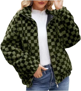 HGps8w Women's Checkerboard Fleece Winter Coat - Long Sleeve Stand Collar Zip Up Faux Shearling Shaggy Warm Oversized Jackets