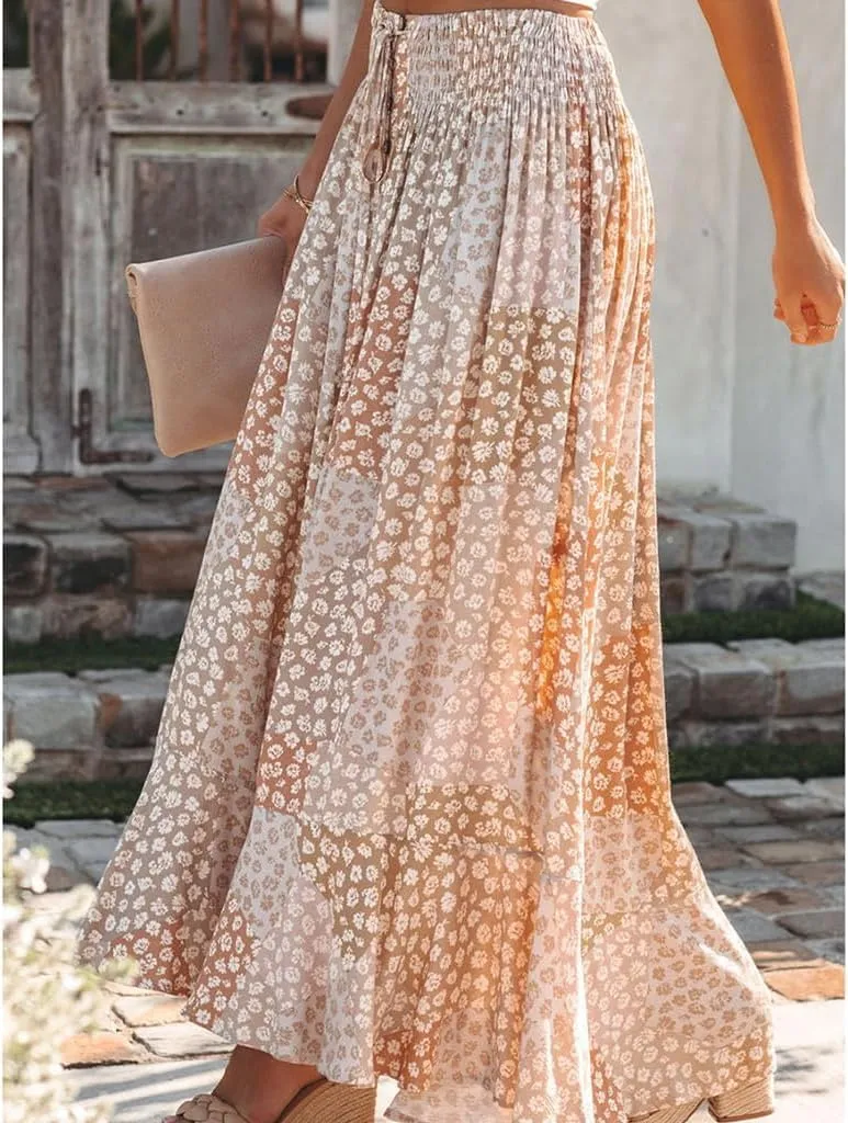 High Waisted Skirt Flower Print Smocked Womens Long Skirts Casual A Line Mid Skirt Button Slit Bohemian Floral Maxi Skirt