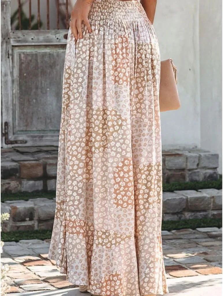 High Waisted Skirt Flower Print Smocked Womens Long Skirts Casual A Line Mid Skirt Button Slit Bohemian Floral Maxi Skirt