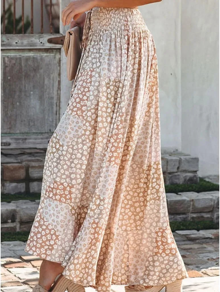 High Waisted Skirt Flower Print Smocked Womens Long Skirts Casual A Line Mid Skirt Button Slit Bohemian Floral Maxi Skirt