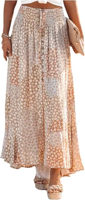 High Waisted Skirt Flower Print Smocked Womens Long Skirts Casual A Line Mid Skirt Button Slit Bohemian Floral Maxi Skirt