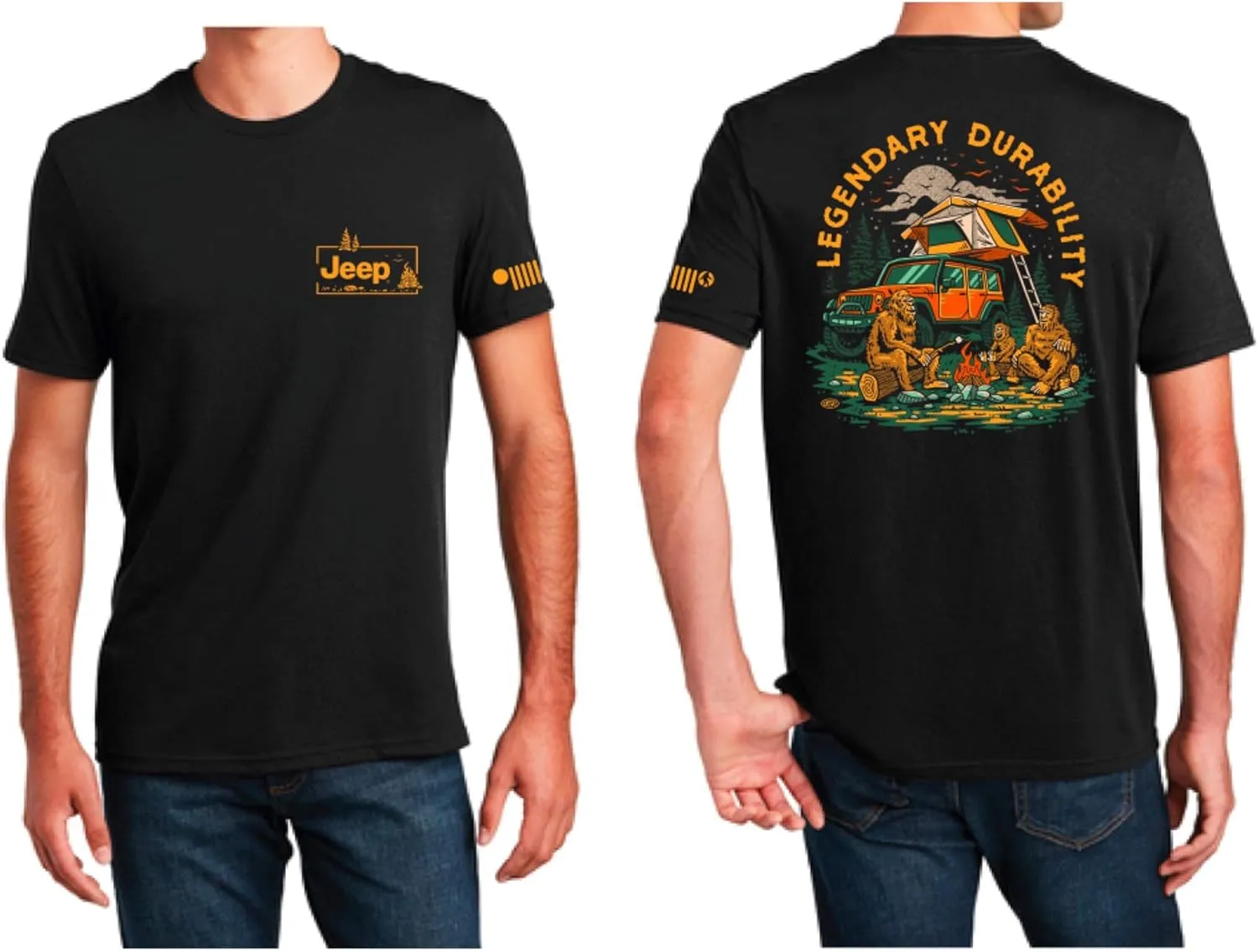 Jeep Sasquatch Campfire T-Shirt for Men  Black Short Sleeve Tee  Lightweight Cotton Blend by Detroit Shirt Company