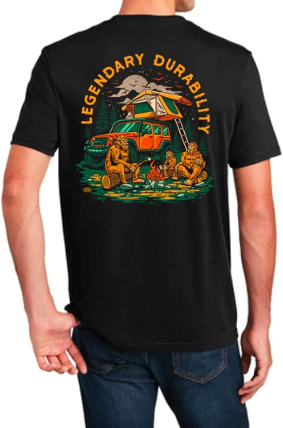 Jeep Sasquatch Campfire T-Shirt for Men  Black Short Sleeve Tee  Lightweight Cotton Blend by Detroit Shirt Company