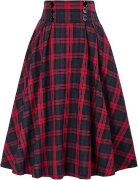 Joe Wenko Women's High Waist Plaid A-line Long Skirt