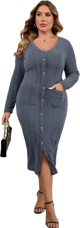KOJOOIN Womens Plus Size Button Down Sweater Knit Dress V Neck Long Sleeves Slit Front Stretchy Pullover Bodycon Maxi Dress