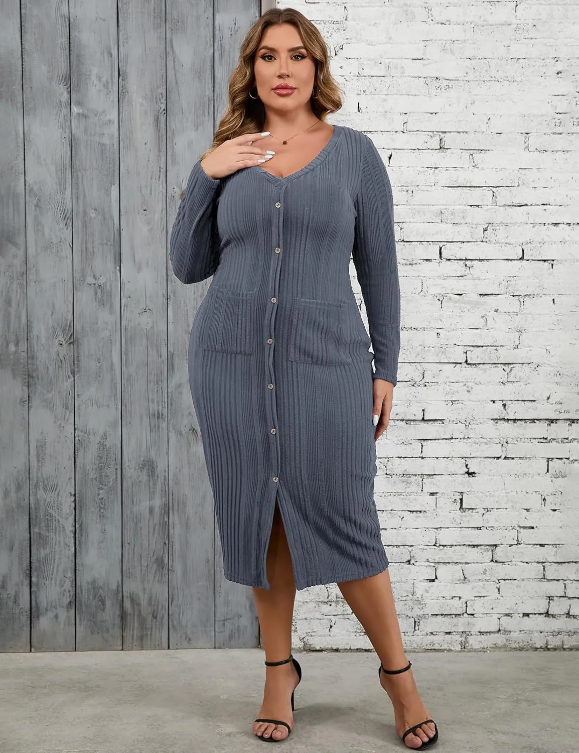 KOJOOIN Womens Plus Size Button Down Sweater Knit Dress V Neck Long Sleeves Slit Front Stretchy Pullover Bodycon Maxi Dress