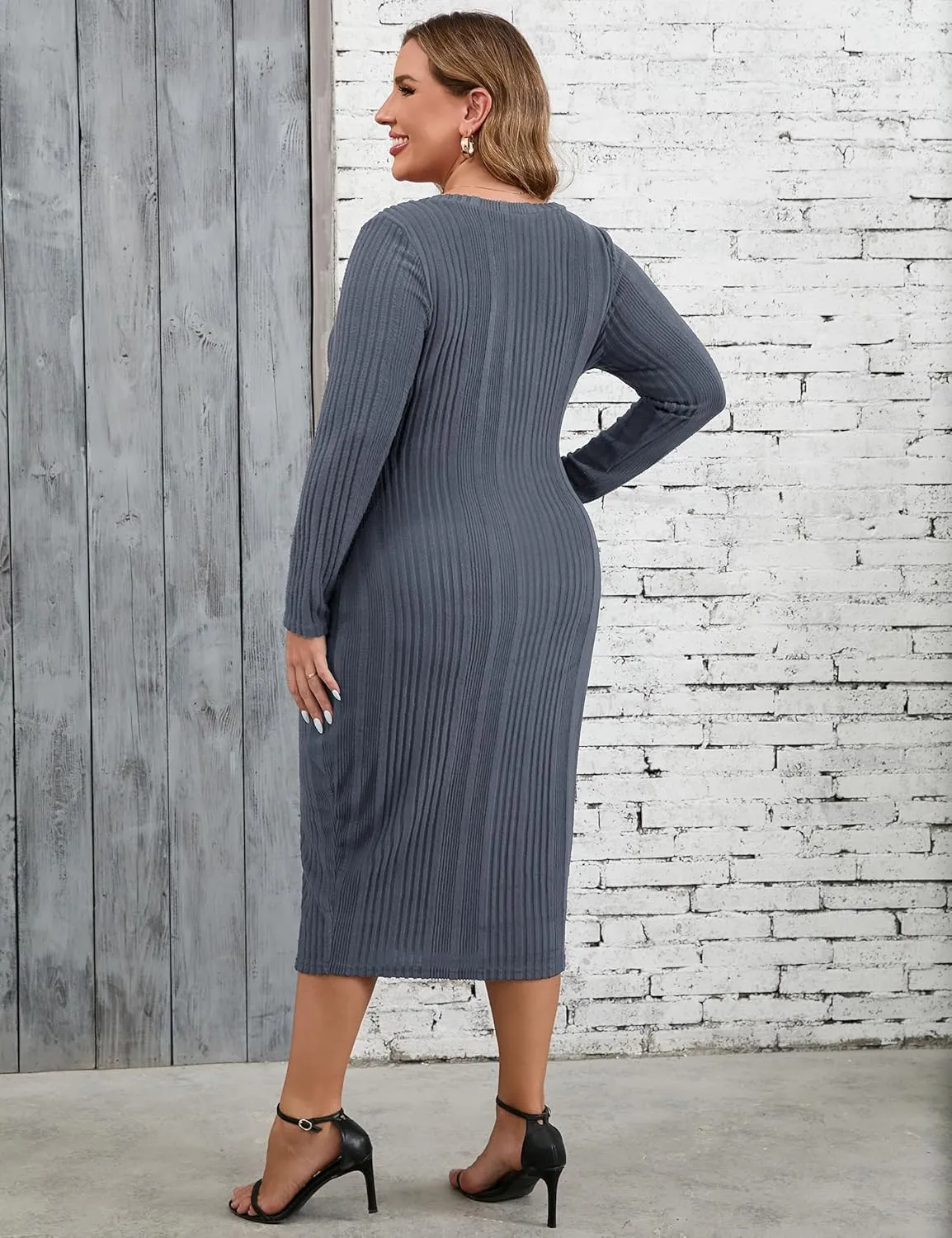 KOJOOIN Womens Plus Size Button Down Sweater Knit Dress V Neck Long Sleeves Slit Front Stretchy Pullover Bodycon Maxi Dress