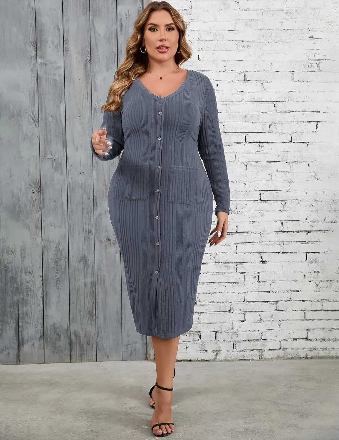 KOJOOIN Womens Plus Size Button Down Sweater Knit Dress V Neck Long Sleeves Slit Front Stretchy Pullover Bodycon Maxi Dress