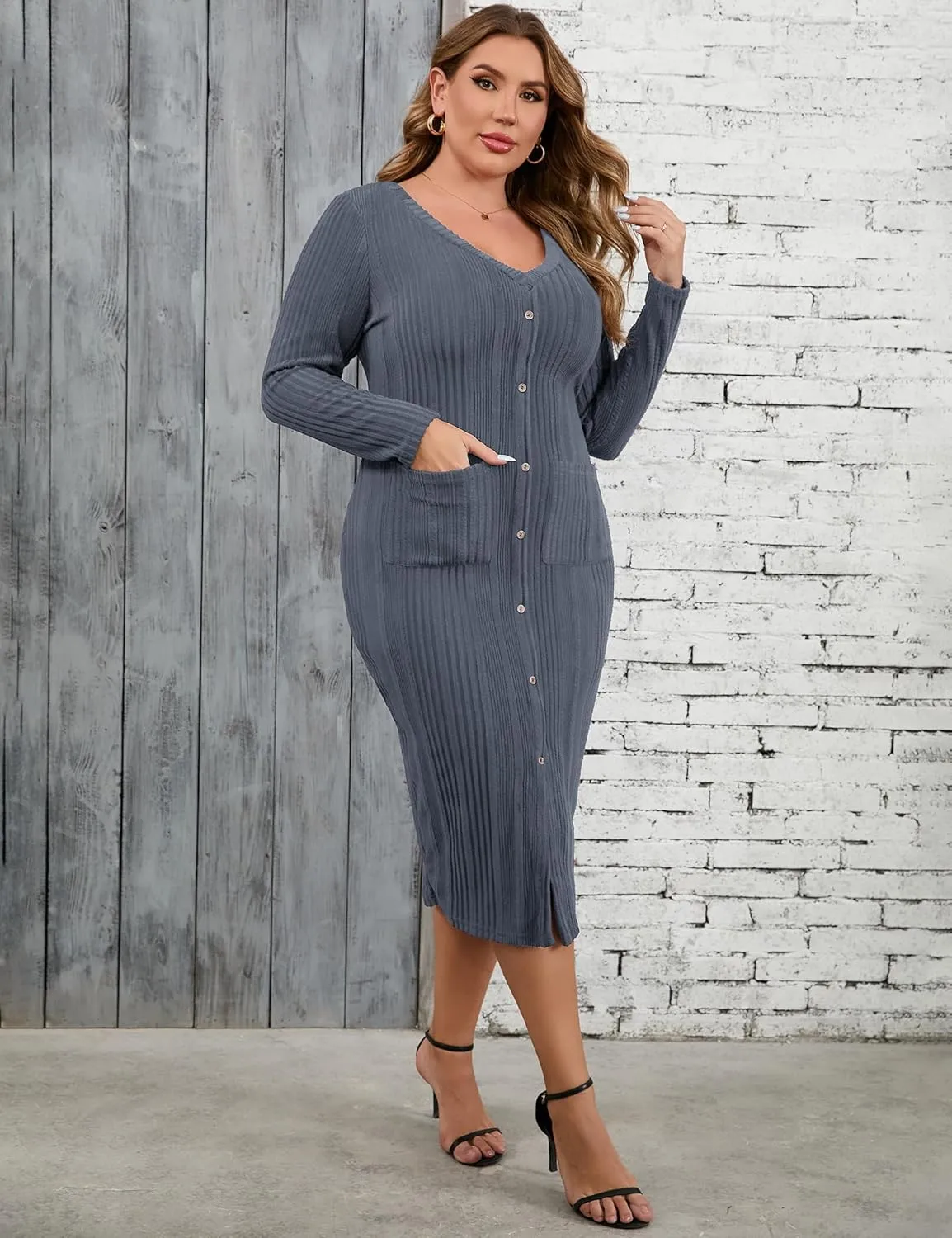 KOJOOIN Womens Plus Size Button Down Sweater Knit Dress V Neck Long Sleeves Slit Front Stretchy Pullover Bodycon Maxi Dress