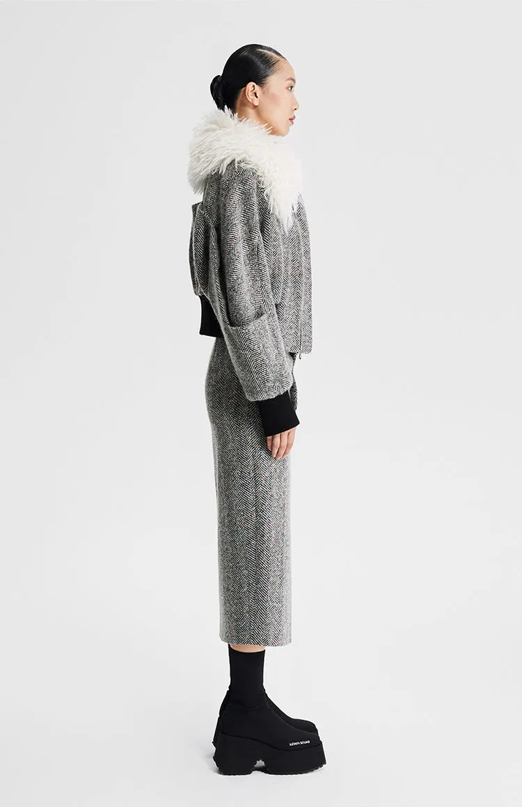 LEDIM W tweed woo fall winter tweed midi penciT slit skirt  - Slli