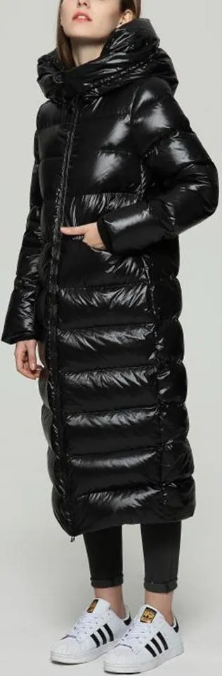 Long Glossy Puffer Down Coat, Black