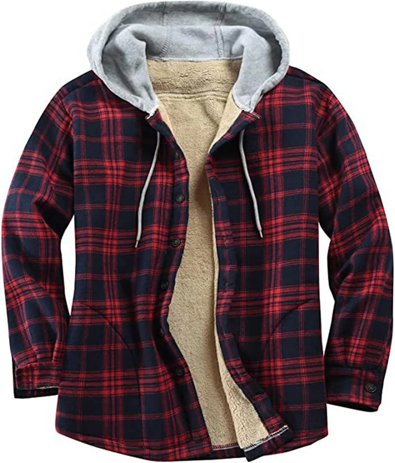 Mens Fleece Lined Flannel Plaid Shirts Jacket Button Down Sherpa Jackets with Hood Stylish Winter Hooded Coats Outwear