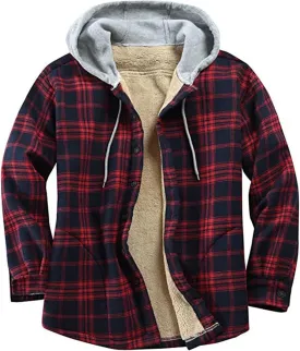 Mens Fleece Lined Flannel Plaid Shirts Jacket Button Down Sherpa Jackets with Hood Stylish Winter Hooded Coats Outwear