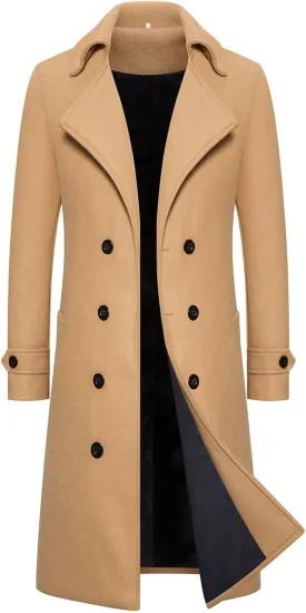 Mens Long Trench Coat Classic Notched Collar Double Breasted Peacoat Slim Fit Wool Blend Fall Winter Casual Overcoat