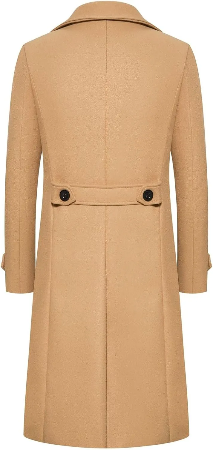 Mens Long Trench Coat Classic Notched Collar Double Breasted Peacoat Slim Fit Wool Blend Fall Winter Casual Overcoat