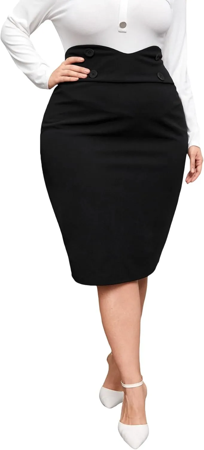 OYOANGLE Women's Plus Size Bodycon Skirt High Waist Pencil Office Midi Skirt
