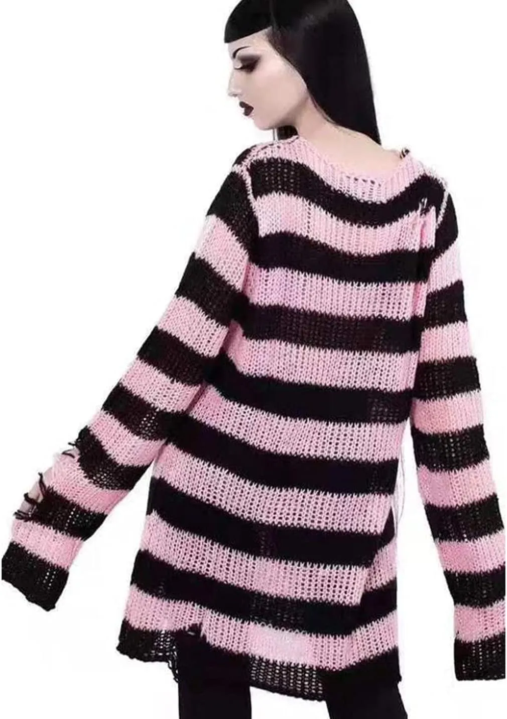 Peaceglad Womens Oversized Goth Punk Ripped Striped Long Sleeve Pullover Sweater Dress Tops