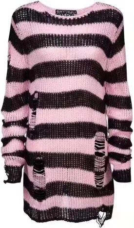 Peaceglad Womens Oversized Goth Punk Ripped Striped Long Sleeve Pullover Sweater Dress Tops